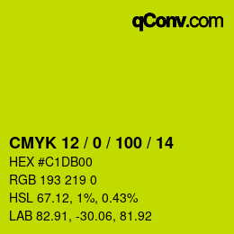 カラーコード: CMYK 12 / 0 / 100 / 14 | qconv.com