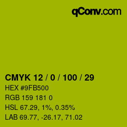 Code couleur: CMYK 12 / 0 / 100 / 29 | qconv.com