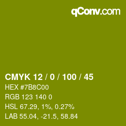 颜色代码: CMYK 12 / 0 / 100 / 45 | qconv.com