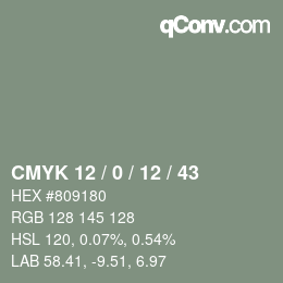 Farbcode: CMYK 12 / 0 / 12 / 43 | qconv.com