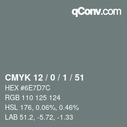 Farbcode: CMYK 12 / 0 / 1 / 51 | qconv.com