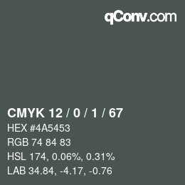 Farbcode: CMYK 12 / 0 / 1 / 67 | qconv.com