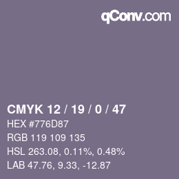 Code couleur: CMYK 12 / 19 / 0 / 47 | qconv.com
