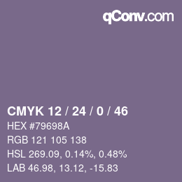 カラーコード: CMYK 12 / 24 / 0 / 46 | qconv.com