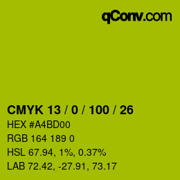 Color code: CMYK 13 / 0 / 100 / 26 | qconv.com