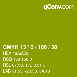 颜色代码: CMYK 13 / 0 / 100 / 38 | qconv.com