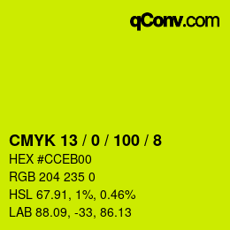 カラーコード: CMYK 13 / 0 / 100 / 8 | qconv.com