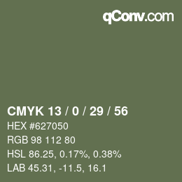 Color code: CMYK 13 / 0 / 29 / 56 | qconv.com