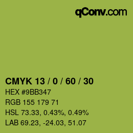 カラーコード: CMYK 13 / 0 / 60 / 30 | qconv.com