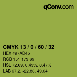 カラーコード: CMYK 13 / 0 / 60 / 32 | qconv.com