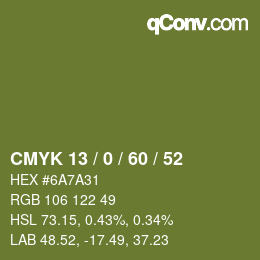 カラーコード: CMYK 13 / 0 / 60 / 52 | qconv.com