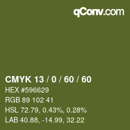 Color code: CMYK 13 / 0 / 60 / 60 | qconv.com