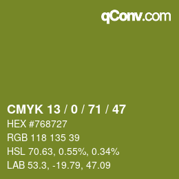 Color code: CMYK 13 / 0 / 71 / 47 | qconv.com