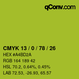 カラーコード: CMYK 13 / 0 / 78 / 26 | qconv.com
