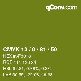 カラーコード: CMYK 13 / 0 / 81 / 50 | qconv.com