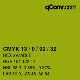 カラーコード: CMYK 13 / 0 / 92 / 32 | qconv.com