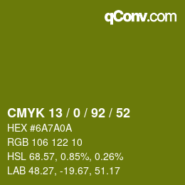 カラーコード: CMYK 13 / 0 / 92 / 52 | qconv.com