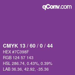 カラーコード: CMYK 13 / 60 / 0 / 44 | qconv.com
