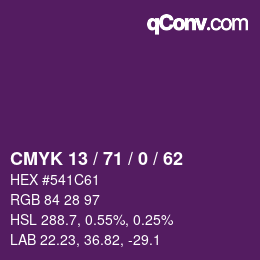 Color code: CMYK 13 / 71 / 0 / 62 | qconv.com