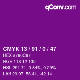 カラーコード: CMYK 13 / 91 / 0 / 47 | qconv.com
