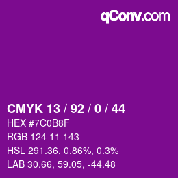 カラーコード: CMYK 13 / 92 / 0 / 44 | qconv.com