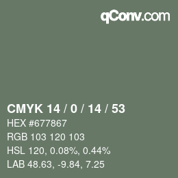 Farbcode: CMYK 14 / 0 / 14 / 53 | qconv.com