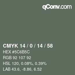 Color code: CMYK 14 / 0 / 14 / 58 | qconv.com