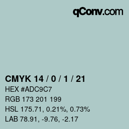 カラーコード: CMYK 14 / 0 / 1 / 21 | qconv.com