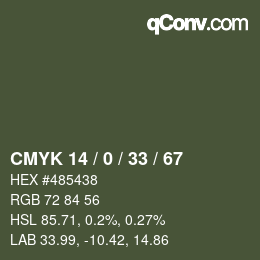 Code couleur: CMYK 14 / 0 / 33 / 67 | qconv.com
