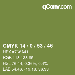 カラーコード: CMYK 14 / 0 / 53 / 46 | qconv.com