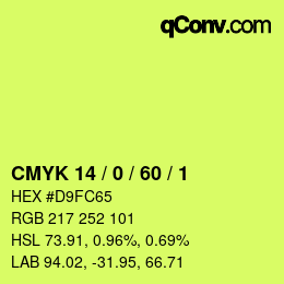 カラーコード: CMYK 14 / 0 / 60 / 1 | qconv.com