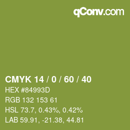 カラーコード: CMYK 14 / 0 / 60 / 40 | qconv.com