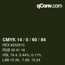 カラーコード: CMYK 14 / 0 / 60 / 84 | qconv.com