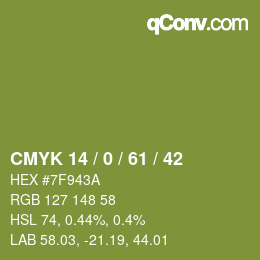 Color code: CMYK 14 / 0 / 61 / 42 | qconv.com