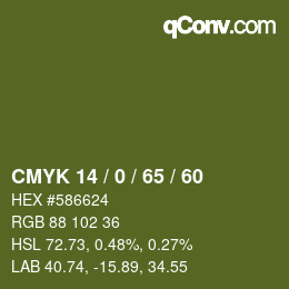 カラーコード: CMYK 14 / 0 / 65 / 60 | qconv.com