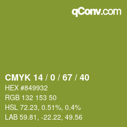 カラーコード: CMYK 14 / 0 / 67 / 40 | qconv.com