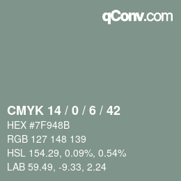 Color code: CMYK 14 / 0 / 6 / 42 | qconv.com