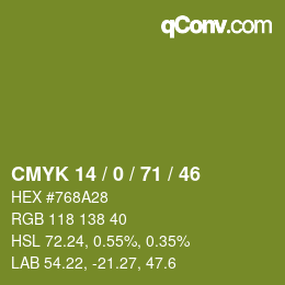 Color code: CMYK 14 / 0 / 71 / 46 | qconv.com