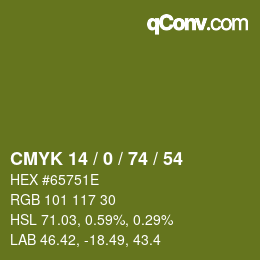 颜色代码: CMYK 14 / 0 / 74 / 54 | qconv.com