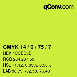 Farbcode: CMYK 14 / 0 / 75 / 7 | qconv.com