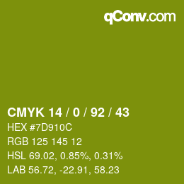 カラーコード: CMYK 14 / 0 / 92 / 43 | qconv.com
