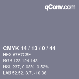 カラーコード: CMYK 14 / 13 / 0 / 44 | qconv.com