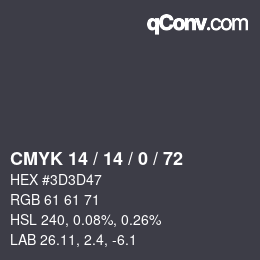 Color code: CMYK 14 / 14 / 0 / 72 | qconv.com