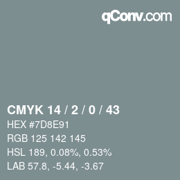 Farbcode: CMYK 14 / 2 / 0 / 43 | qconv.com