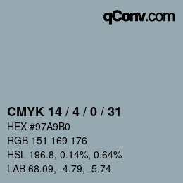 カラーコード: CMYK 14 / 4 / 0 / 31 | qconv.com
