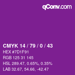 Color code: CMYK 14 / 79 / 0 / 43 | qconv.com