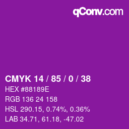 Code couleur: CMYK 14 / 85 / 0 / 38 | qconv.com