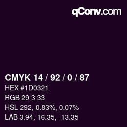 カラーコード: CMYK 14 / 92 / 0 / 87 | qconv.com