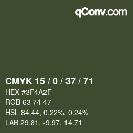 Color code: CMYK 15 / 0 / 37 / 71 | qconv.com