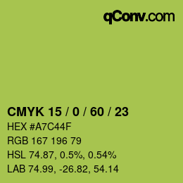 カラーコード: CMYK 15 / 0 / 60 / 23 | qconv.com